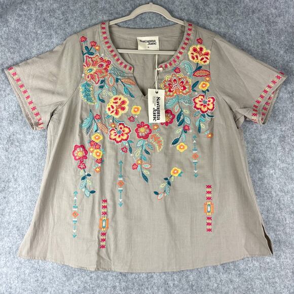 Savanna Jane Tops - Savanna Jane Embroidered Top Womens 1X Floral Cotton Cottage Peasant Boho NEW